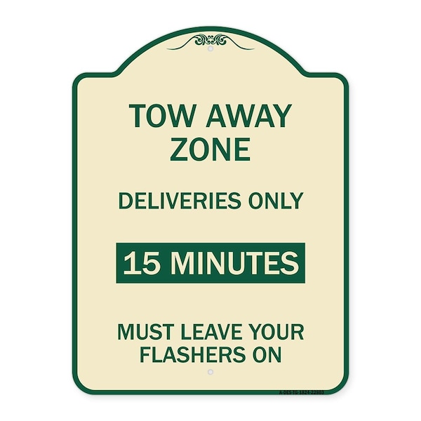 Tow Away Zone Deliveries 15 Minutes Must Leave Your Flashers On Alum Sign, 24" x 18", TG-1824-22803